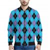 Blue Black And Purple Argyle Print Bomber Jacket