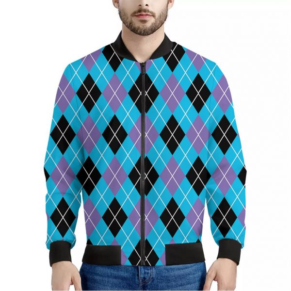 Blue Black And Purple Argyle Print Bomber Jacket