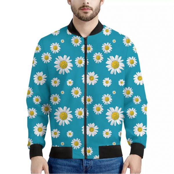Blue Daisy Flower Pattern Print Bomber Jacket