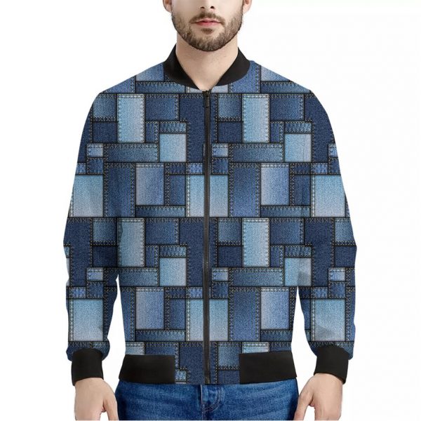 Blue Denim Patchwork Pattern Print Bomber Jacket