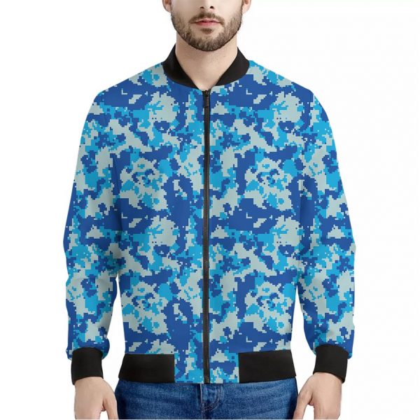 Blue Digital Camo Pattern Print Bomber Jacket