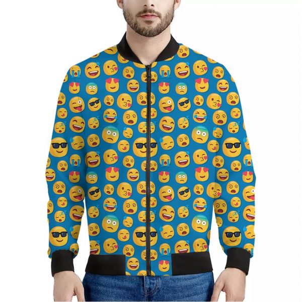 Blue Emoji Pattern Print Bomber Jacket