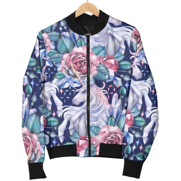 Blue Fairy Rose Unicorn Pattern Print Bomber Jacket