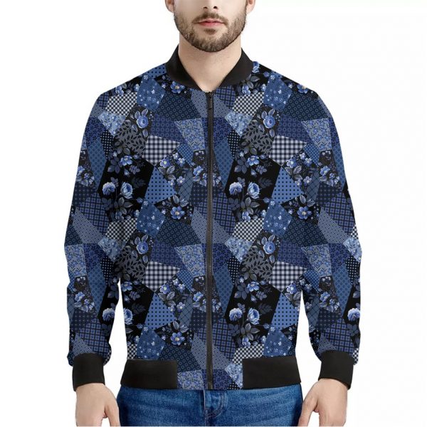 Blue Flower Patchwork Pattern Print Bomber Jacket