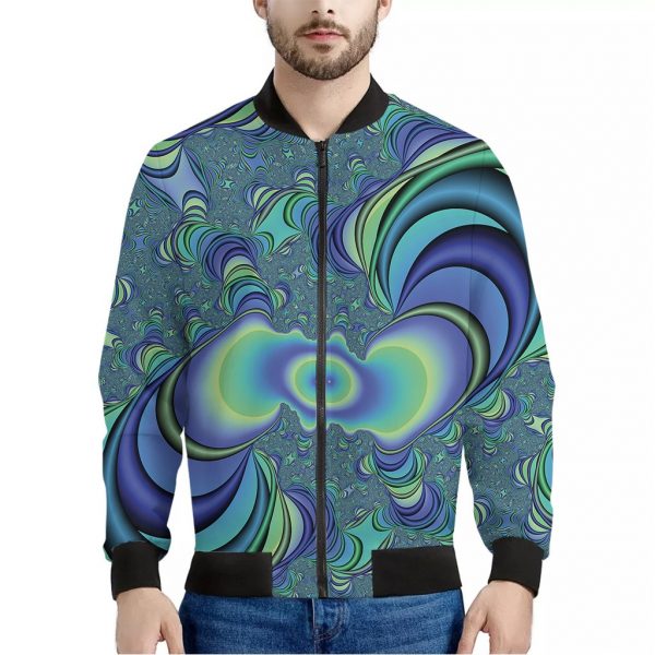 Blue Fractal Print Bomber Jacket