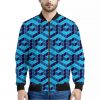 Blue Geometric Cube Shape Pattern Print Bomber Jacket