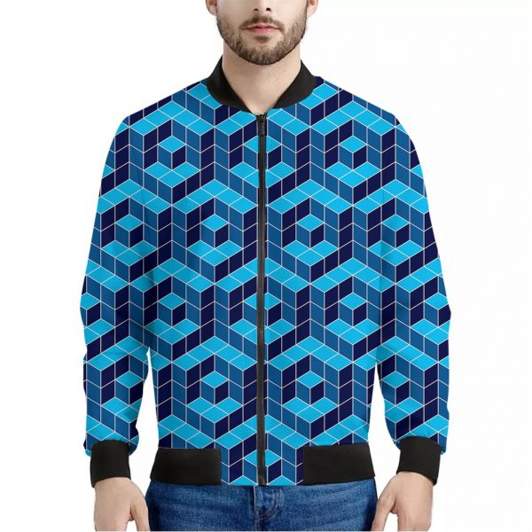 Blue Geometric Cube Shape Pattern Print Bomber Jacket