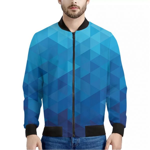 Blue Geometric Triangle Pattern Print Bomber Jacket
