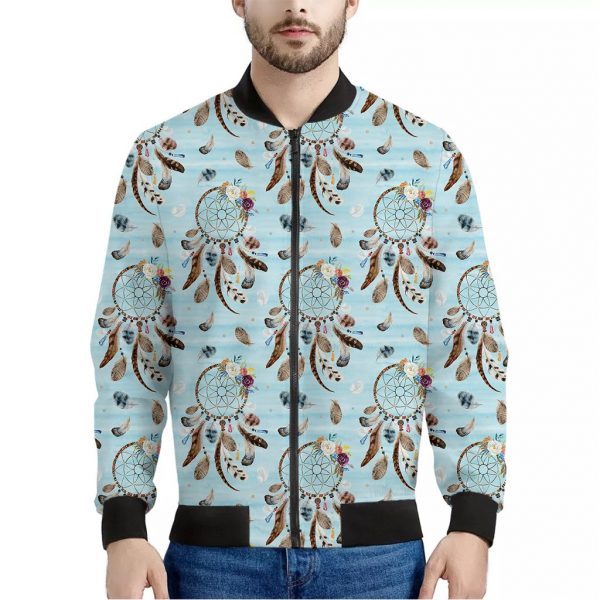 Blue Indian Dream Catcher Pattern Print Bomber Jacket