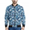 Blue Japanese Wave Pattern Print Bomber Jacket