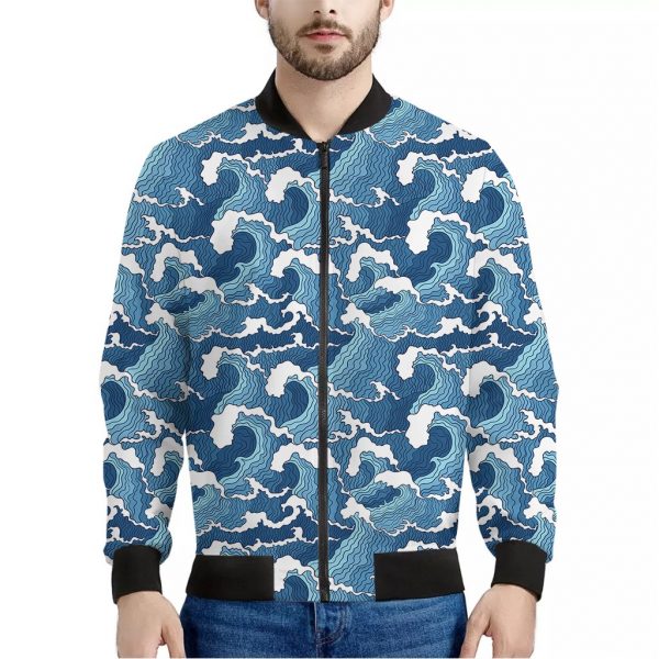 Blue Japanese Wave Pattern Print Bomber Jacket