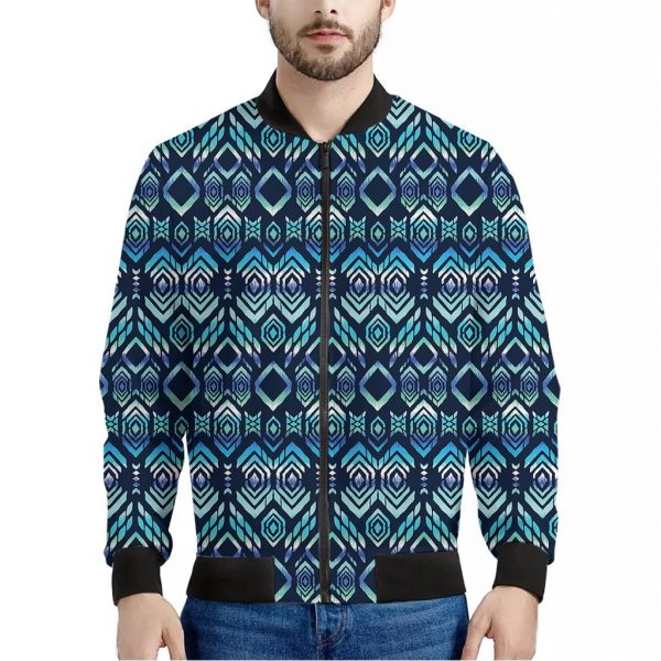 Blue Native Aztec Tribal Pattern Print Bomber Jacket