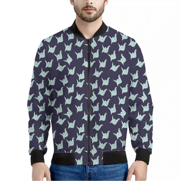 Blue Origami Crane Pattern Print Bomber Jacket