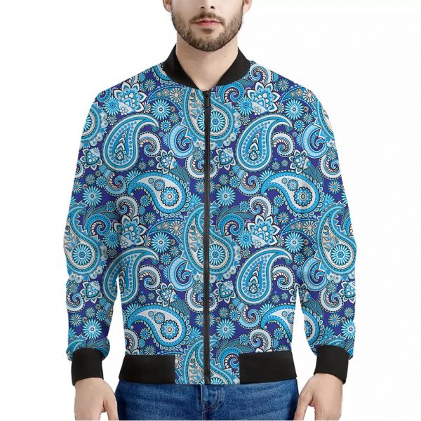 Blue Paisley Pattern Print Bomber Jacket