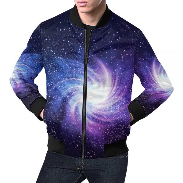 Blue Purple Spiral Galaxy Space Print Bomber Jacket