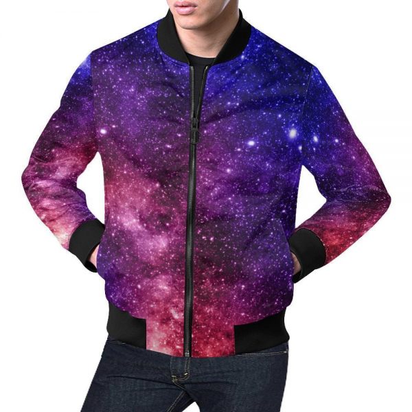 Blue Purple Stardust Galaxy Space Print Bomber Jacket
