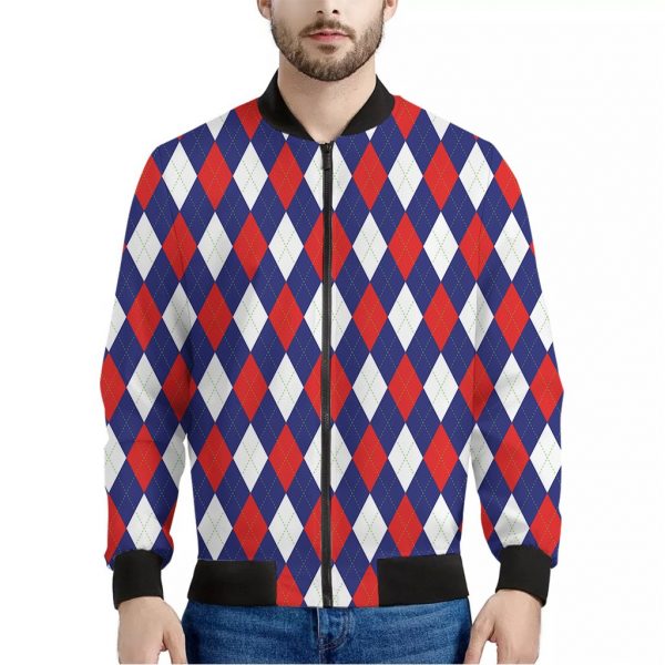 Blue Red And White Argyle Pattern Print Bomber Jacket
