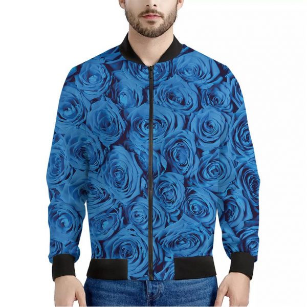 Blue Rose Print Bomber Jacket