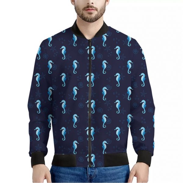 Blue Seahorse Pattern Print Bomber Jacket
