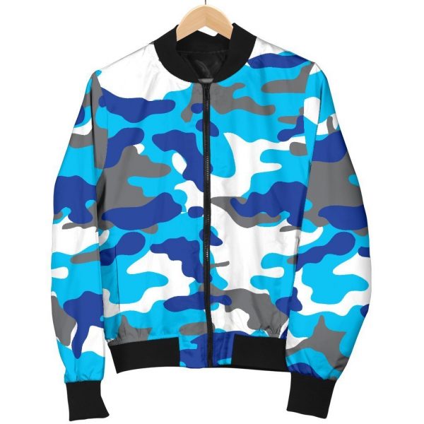 Blue Snow Camouflage Print Bomber Jacket