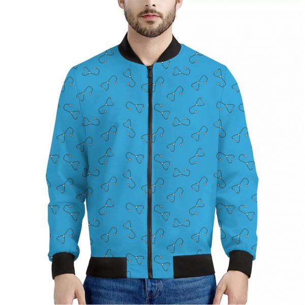 Blue Stethoscope Pattern Print Bomber Jacket