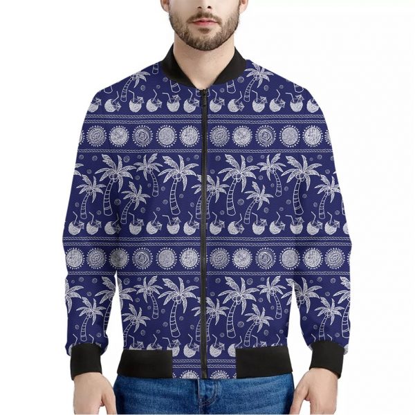 Blue Summer Coconut Pattern Print Bomber Jacket