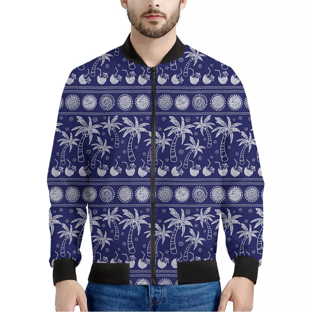 Blue-Summer-Coconut-Pattern-Print-Bomber-Jacket Blue Summer Coconut Pattern Print Bomber Jacket