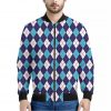 Blue White And Red Argyle Pattern Print Bomber Jacket