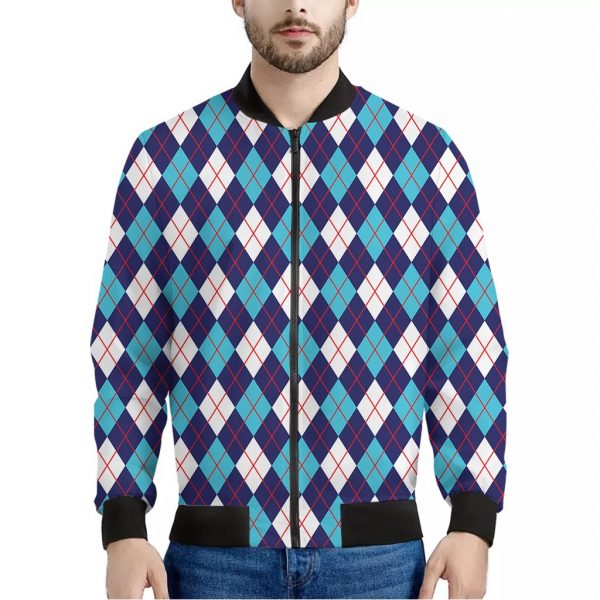 Blue White And Red Argyle Pattern Print Bomber Jacket