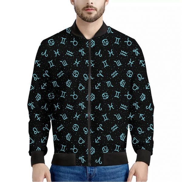 Blue Zodiac Symbols Pattern Print Bomber Jacket