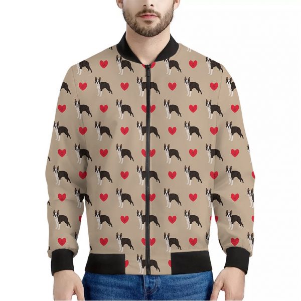 Boston Terrier Heart Pattern Print Bomber Jacket