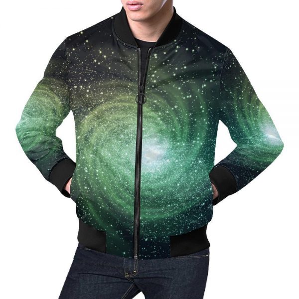 Bright Green Spiral Galaxy Space Print Bomber Jacket
