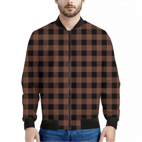 Brown And Black Buffalo Check Print Bomber Jacket