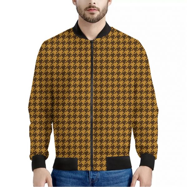Brown Houndstooth Pattern Print Bomber Jacket