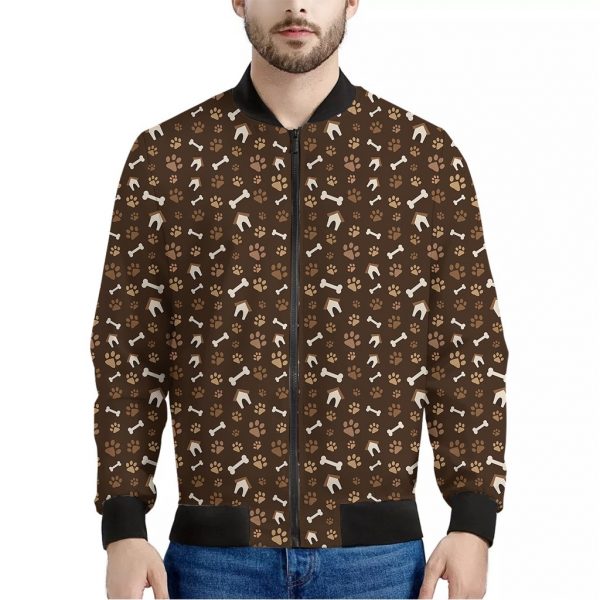 Brown Paw And Bone Pattern Print Bomber Jacket