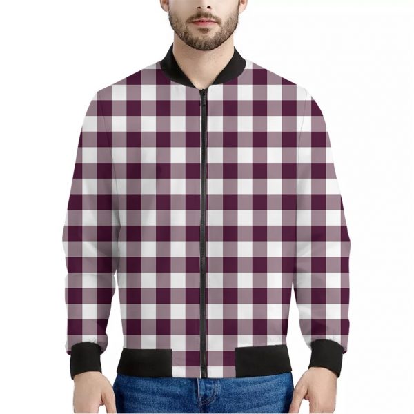 Burgundy And White Check Pattern Print Bomber Jacket