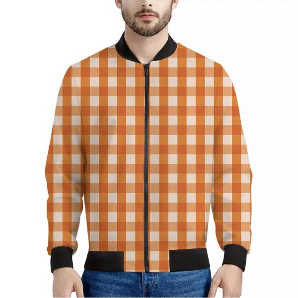 Burnt Orange And White Check Print Bomber Jacket