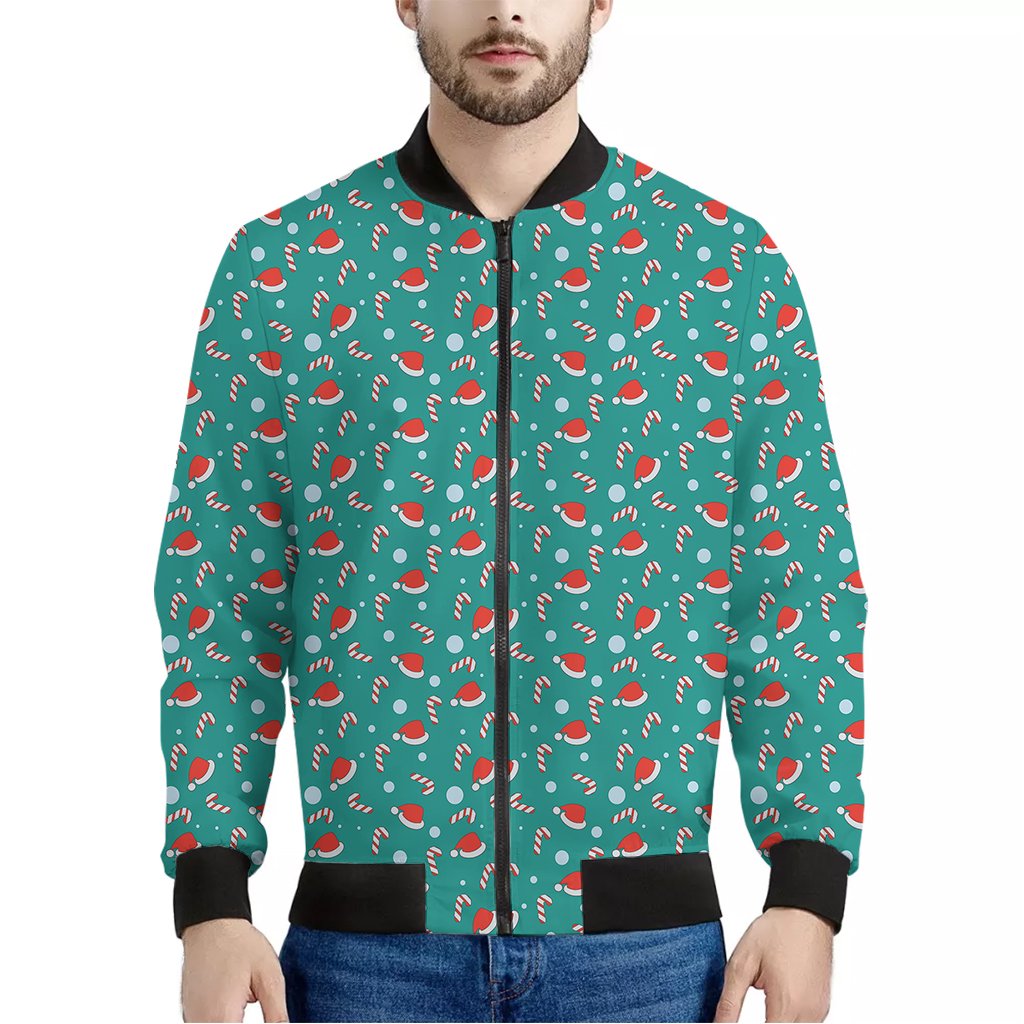 Candy-And-Santa-Claus-Hat-Pattern-Print-Bomber-Jacket Candy And Santa Claus Hat Pattern Print Bomber Jacket