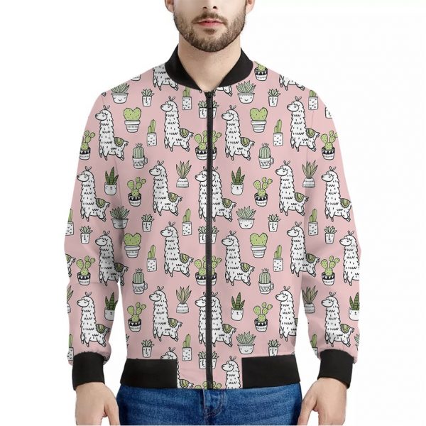 Cartoon Cactus And Llama Pattern Print Bomber Jacket