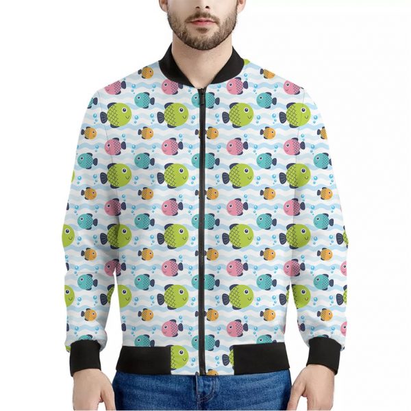 Cartoon Fish Pattern Print Bomber Jacket