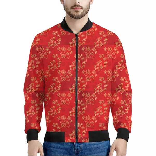 Chinese Cherry Blossom Pattern Print Bomber Jacket