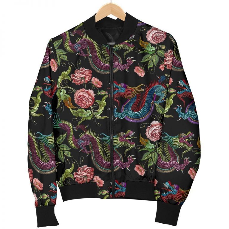 Chinese Dragon Flower Pattern Print Bomber Jacket