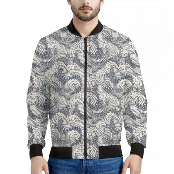 Chinese Sea Dragon Pattern Print Bomber Jacket
