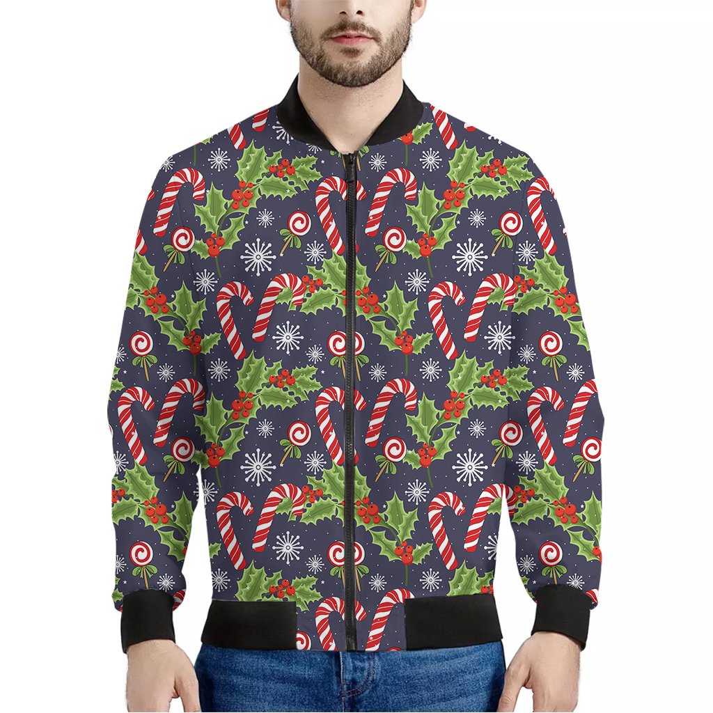 Christmas-Berry-And-Candy-Pattern-Print-Bomber-Jacket Christmas Berry And Candy Pattern Print Bomber Jacket