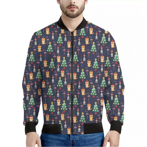 Christmas Boston Terrier And Corgi Print Bomber Jacket