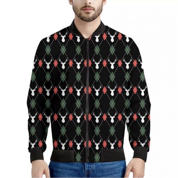 Christmas Deer Argyle Pattern Print Bomber Jacket