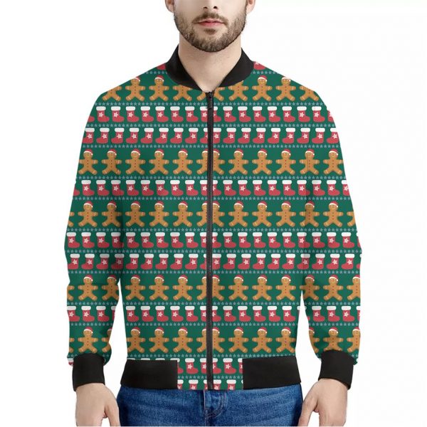 Christmas Gingerbread Man Pattern Print Bomber Jacket