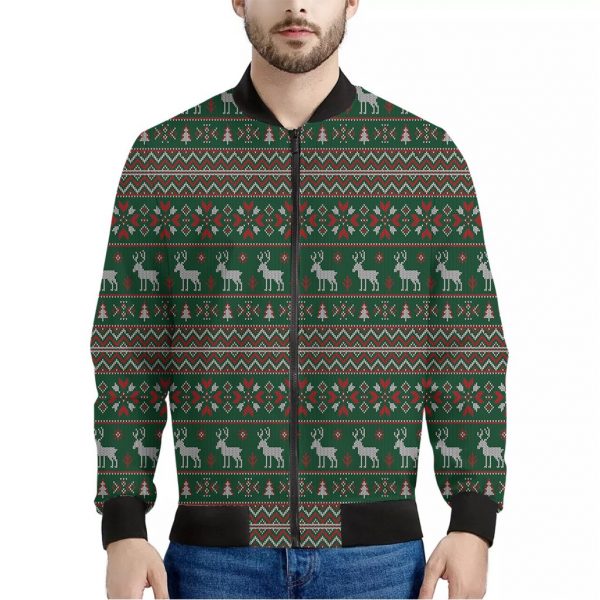 Christmas Holiday Knitted Pattern Print Bomber Jacket