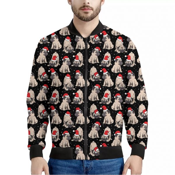 Christmas Santa Pug Pattern Print Bomber Jacket