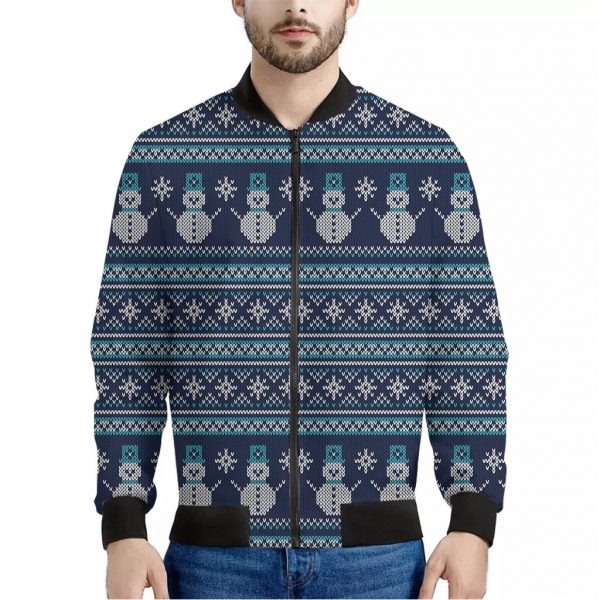 Christmas Snowman Knitted Pattern Print Bomber Jacket